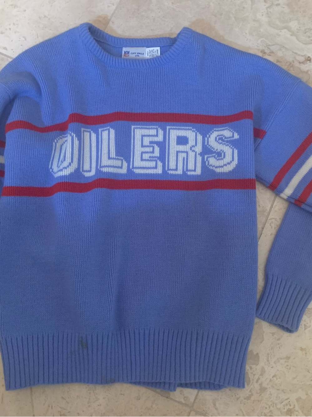 Vintage Oilers Logo Crewneck Sweater - Blue with Red & White Stripes